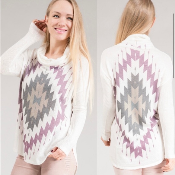 Cowl Turtle Neck Aztec Hi/Lo Sides Sweater - Picture 2 of 8